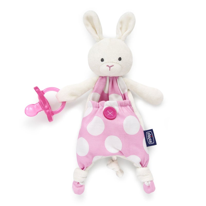 Chicco Pocket Buddies Soft Pacifier Holder-Lovey, Soothing Plush Toy Animal 0m+, Pink Bunny - Image 1
