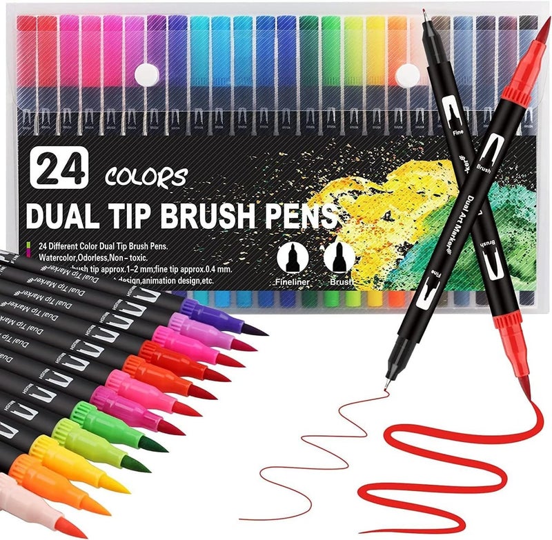 Qatalitic Dual Tip Brush Pens - 24 Color Felt Tip Pen Set With Fineliners, Watercolor Marker, And Highlighters - Ideal For Coloring, Drawing, Sketching, And Calligraphy, Multicolor - Image 1