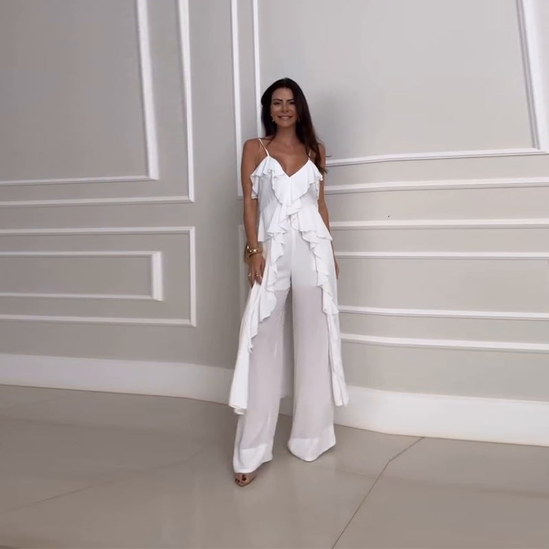 Women'S V-Neck Sling Slim-Fit Ruffled Solid Color Pants - Image 1