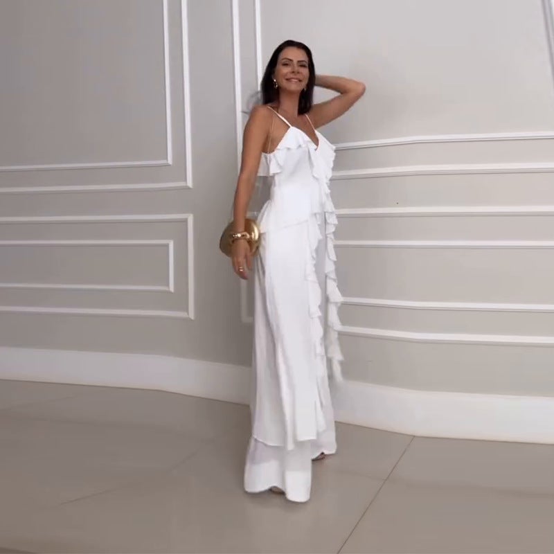Women'S V-Neck Sling Slim-Fit Ruffled Solid Color Pants - Image 3