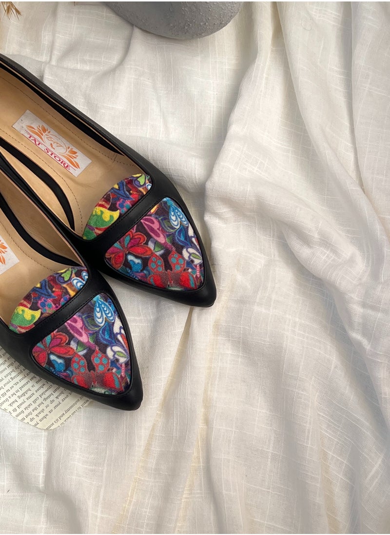 Tat Ballerina Flat Leather with Printed Fabric Part - Black  - Image 2