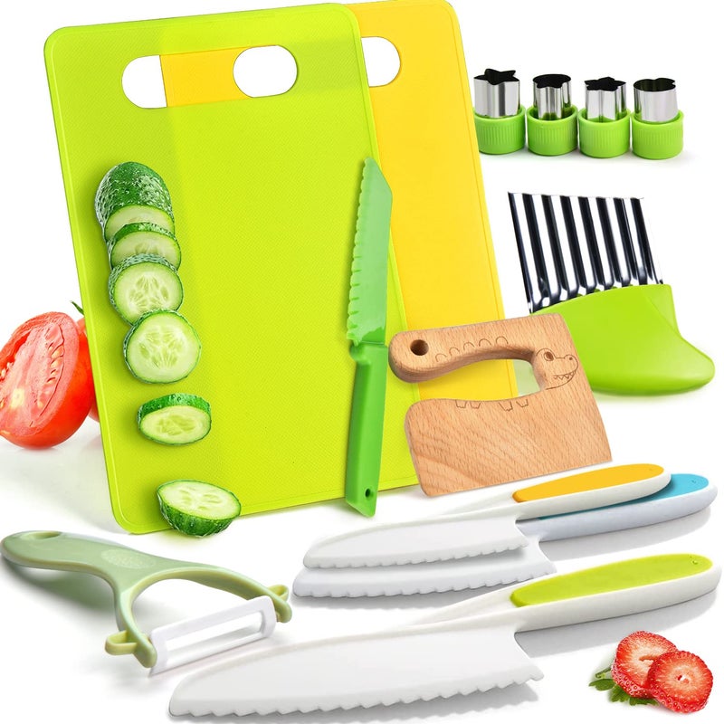Yeeammk 13 Pieces Montessori Kitchen Tools For Toddlers-Kids Cooking Sets Real-Toddler Toys Set For Real Cooking With Plastic Toddler Safe Knives Crinkle Cutter Kids Cutting Board - Image 1