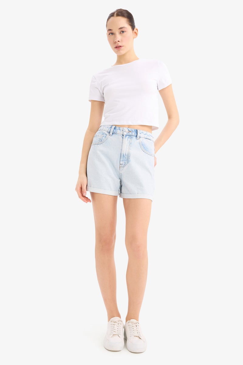 DeFacto Blue Woman Mom Fit Jean High waist Folded Leg Shorts Casual - Image 2