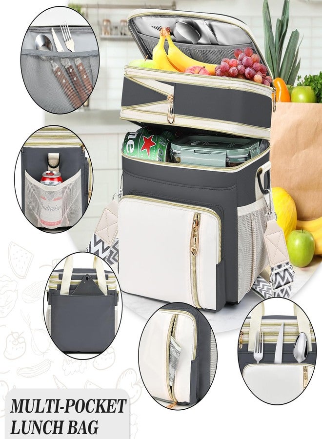 LOKASS Lunch Bag& Lunch Box for Men Women Double Deck,Large Insulated Adult Lunch Box Leakproof Lunchbox Cooler Bag for Work Picnic Beach,（Gray&White） - Image 2