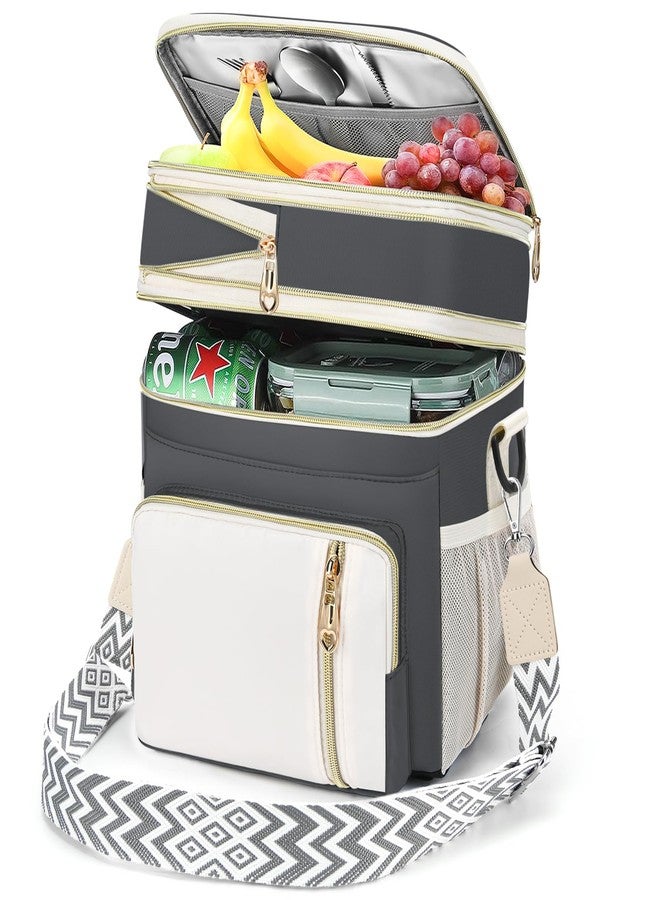 LOKASS Lunch Bag& Lunch Box for Men Women Double Deck,Large Insulated Adult Lunch Box Leakproof Lunchbox Cooler Bag for Work Picnic Beach,（Gray&White） - Image 1