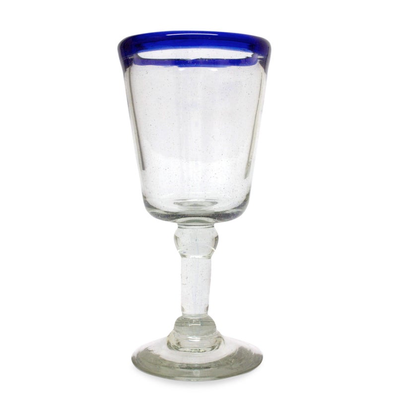 NOVICA Hand Blown Clear Cobalt Blue Rim Recycled Glass Wine Glasses 8 Oz Chardonnay Set Of 6