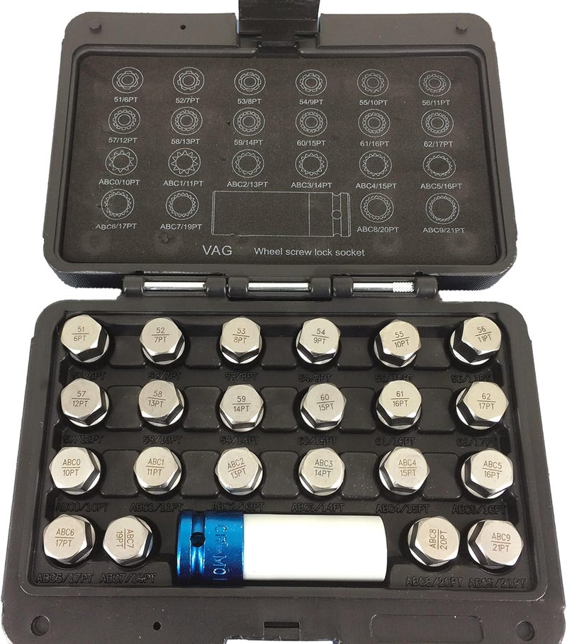 TEMO 23 pc Wheel Lock Lugnut Anti-Theft Lug Nut Screw Removal Key Socket Set for Vw Audi with 1/2 Inch Socket Adapter - Image 3