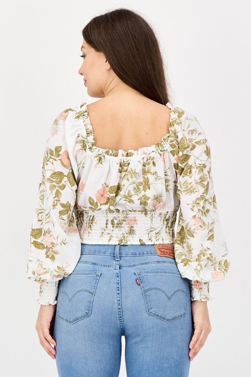 1 State Women Square Neck Long Sleeve Floral Pattern Blouse, Multicolor - Image 3