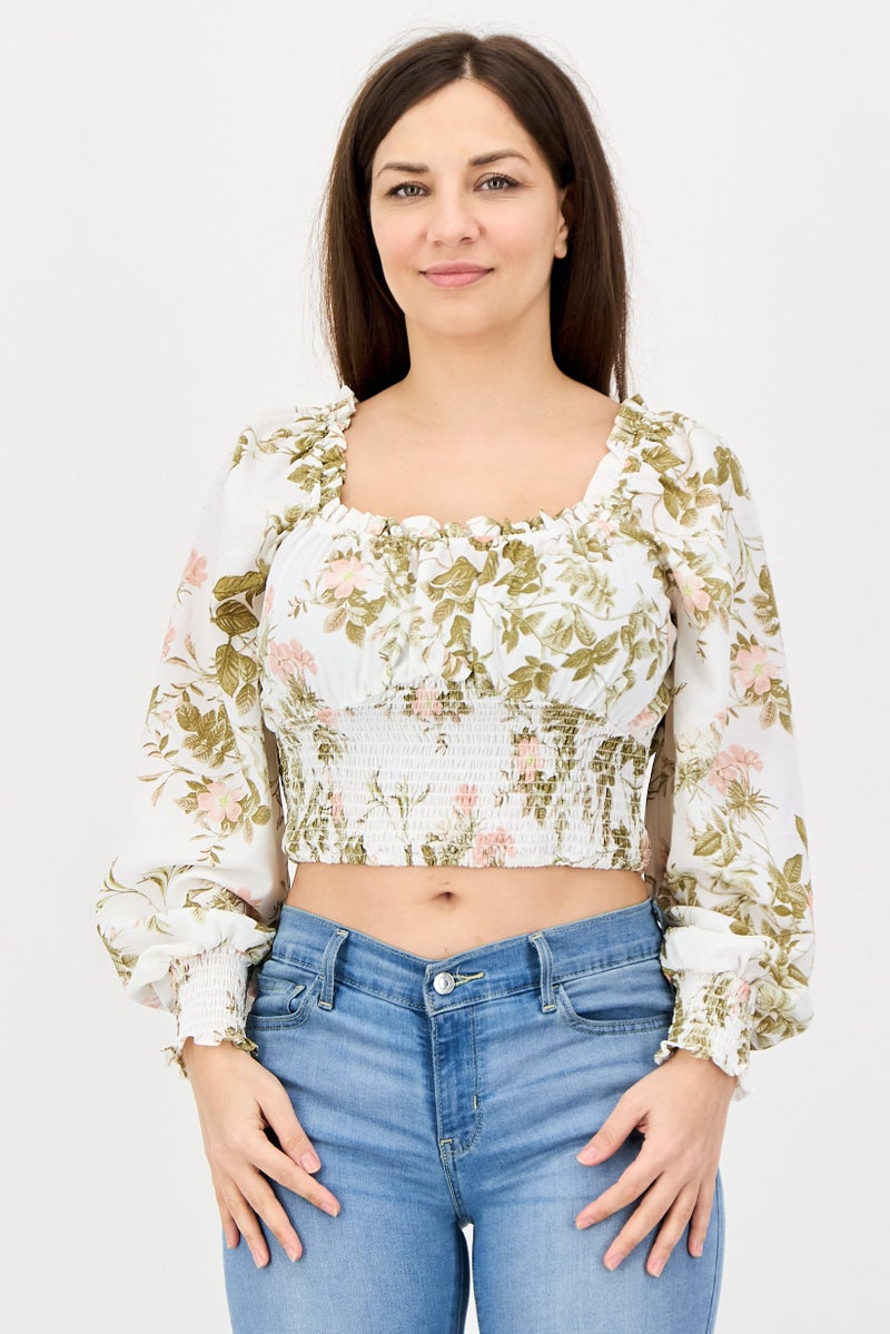 1 State Women Square Neck Long Sleeve Floral Pattern Blouse, Multicolor - Image 1