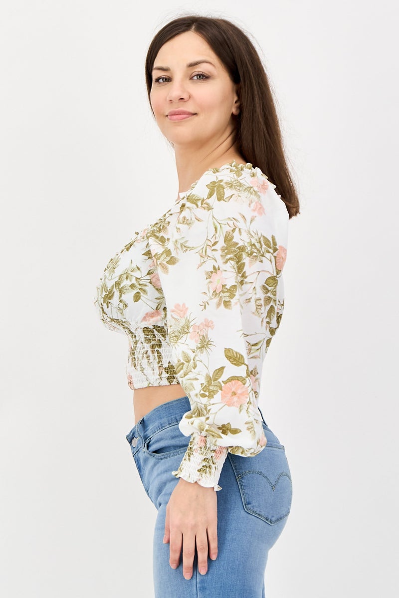 1 State Women Square Neck Long Sleeve Floral Pattern Blouse, Multicolor - Image 2
