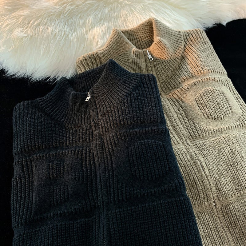 New Solid Color Zipper Knitted Lazy Pit Texture Concave Embroidered Cardigan Vertical Collar Sweater Men'S And Women'S Couple'S Knitted Sweater For Men - Image 4