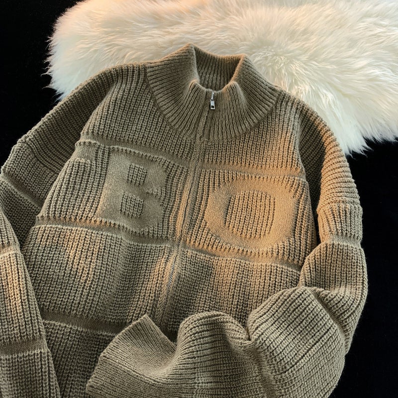 New Solid Color Zipper Knitted Lazy Pit Texture Concave Embroidered Cardigan Vertical Collar Sweater Men'S And Women'S Couple'S Knitted Sweater For Men - Image 2