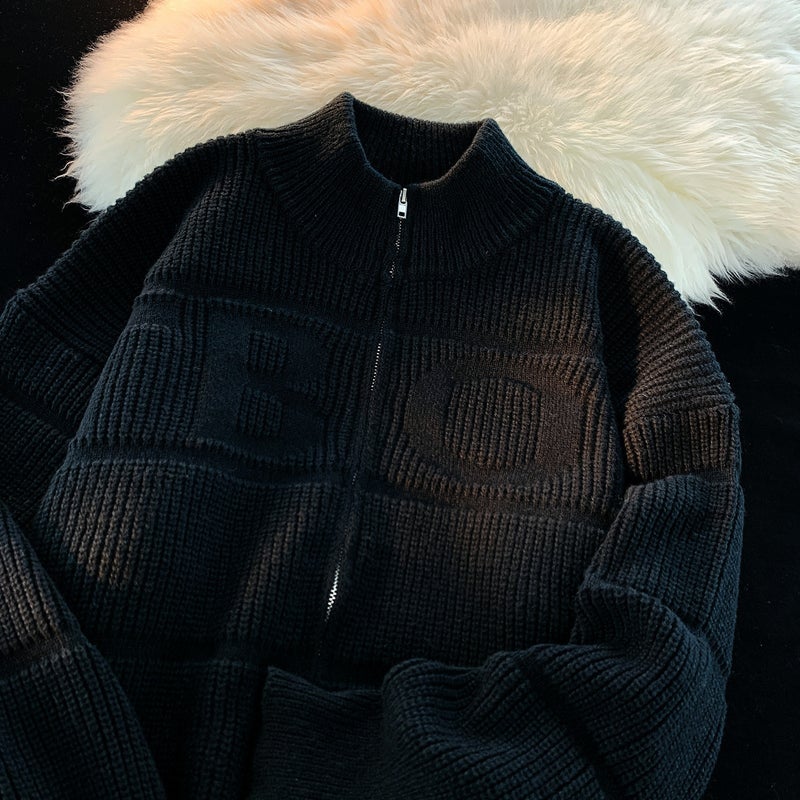 New Solid Color Zipper Knitted Lazy Pit Texture Concave Embroidered Cardigan Vertical Collar Sweater Men'S And Women'S Couple'S Knitted Sweater For Men - Image 1