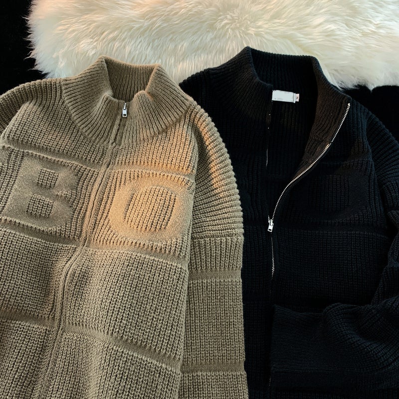 New Solid Color Zipper Knitted Lazy Pit Texture Concave Embroidered Cardigan Vertical Collar Sweater Men'S And Women'S Couple'S Knitted Sweater For Men - Image 3