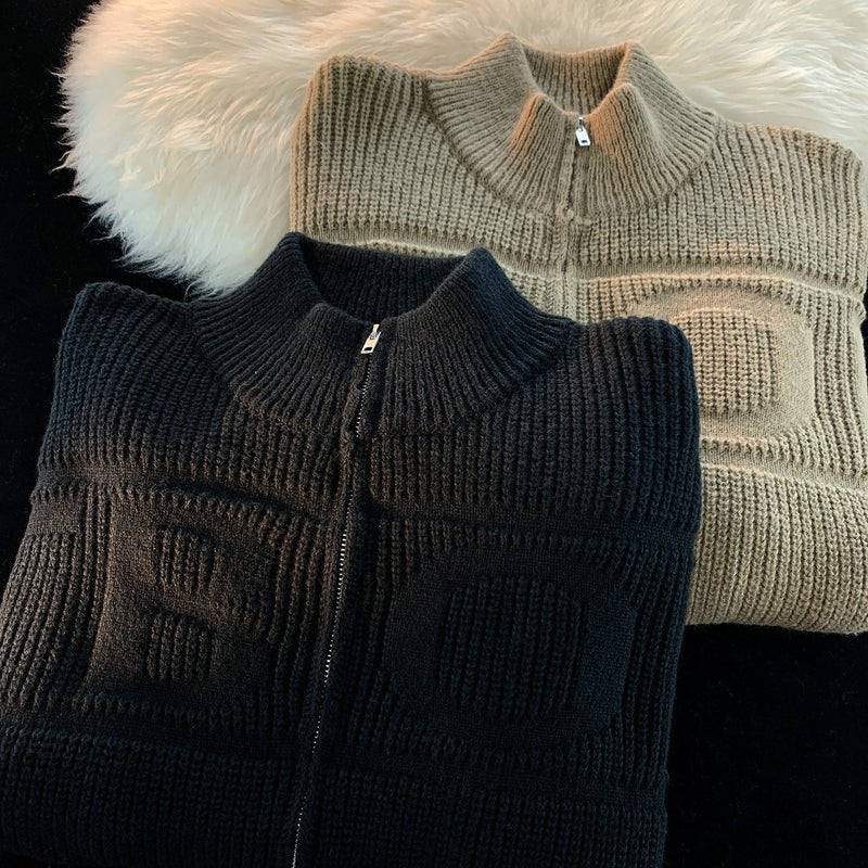 New Solid Color Zipper Knitted Lazy Pit Texture Concave Embroidered Cardigan Vertical Collar Sweater Men'S And Women'S Couple'S Knitted Sweater For Men - Image 5