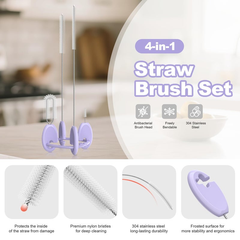 YOTIME Standing Straw Cleaner Brush Set, 4in1 Reusable Straw Brushes with Holder Ring, for Wide and Narrow Straws, Tumblers, Water Bottles and Cups, Purple - Image 3