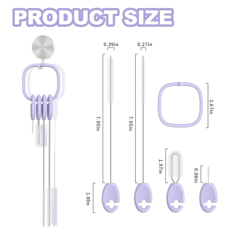 YOTIME Standing Straw Cleaner Brush Set, 4in1 Reusable Straw Brushes with Holder Ring, for Wide and Narrow Straws, Tumblers, Water Bottles and Cups, Purple - Image 2