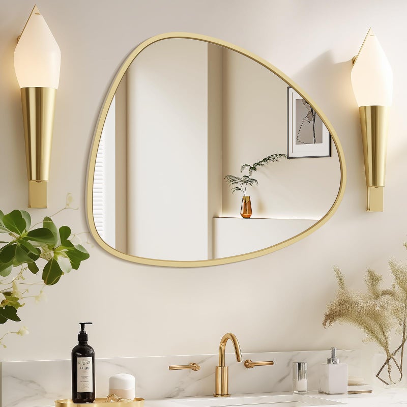 WallBeyond Asymmetrical Mirror, Irregular Wall Mirror, Wall Mirrors Decorative for Bedroom Living Room entryway Hall, Wall Mirror for mid Century Modern Decor 25" H x 20" W, Gold - Image 1