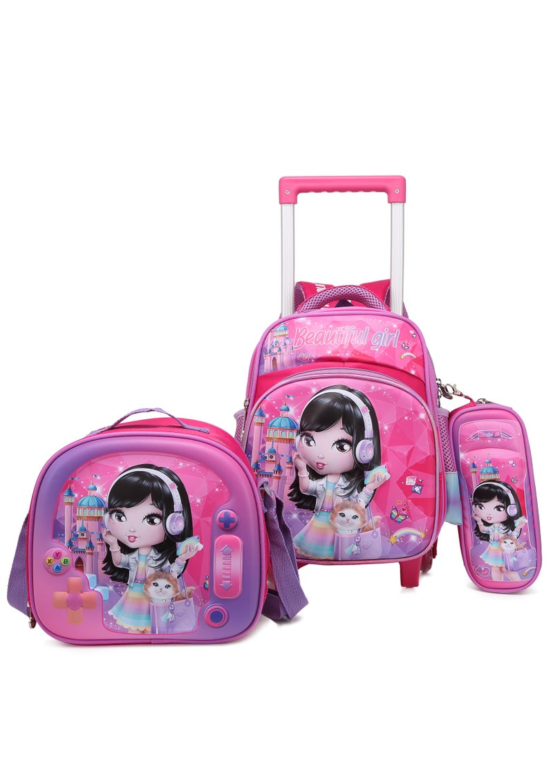 Stargold Baby Backpack 3Pcs For Baby Girls 1 lunch 1 Pencil Box And 1 Bag With Adjustable Strap For School 2 Wheels 12 Inch  - Image 1