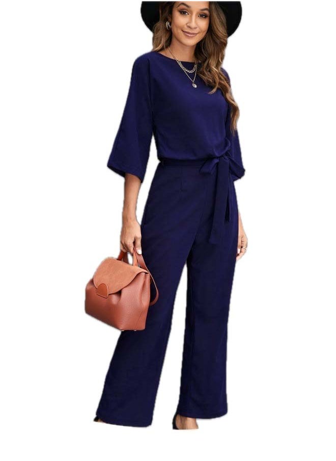 RIOXS Womens Casual Jumpsuit Outfit 3/4 Long Sleeve Top And Loose Straight Leg Long Pants Romper Set With Waist Belt For Party And Daily  - Image 1