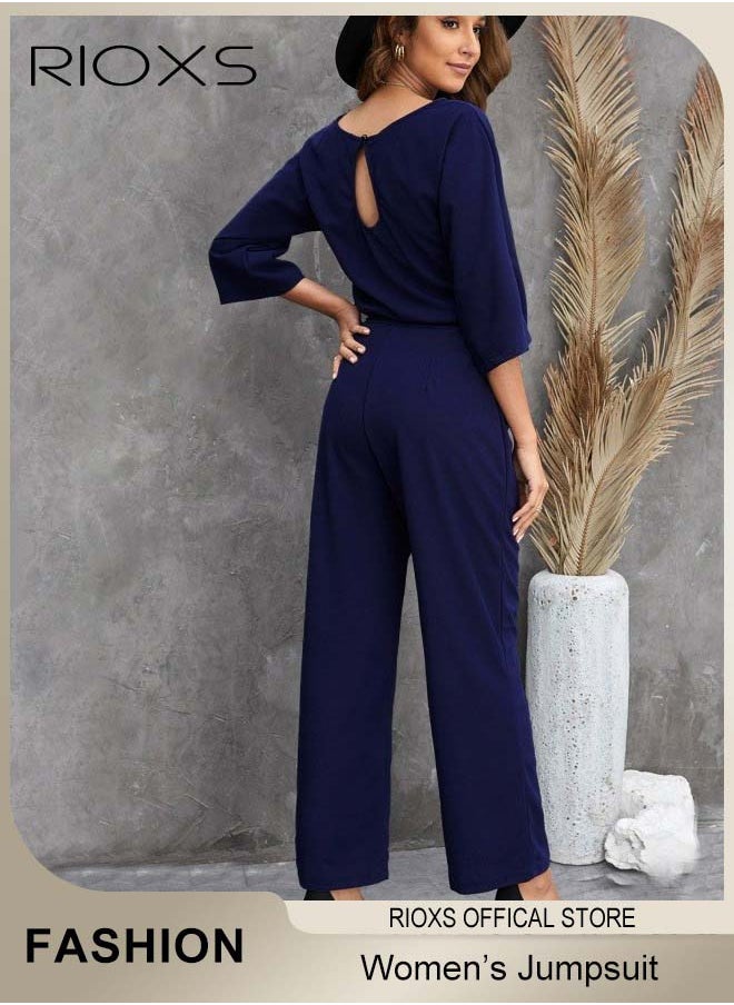 RIOXS Womens Casual Jumpsuit Outfit 3/4 Long Sleeve Top And Loose Straight Leg Long Pants Romper Set With Waist Belt For Party And Daily  - Image 2