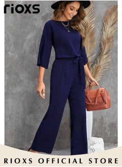 RIOXS Womens Casual Jumpsuit Outfit 3/4 Long Sleeve Top And Loose Straight Leg Long Pants Romper Set With Waist Belt For Party And Daily  - Image 4