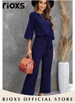 RIOXS Womens Casual Jumpsuit Outfit 3/4 Long Sleeve Top And Loose Straight Leg Long Pants Romper Set With Waist Belt For Party And Daily  - Image 5