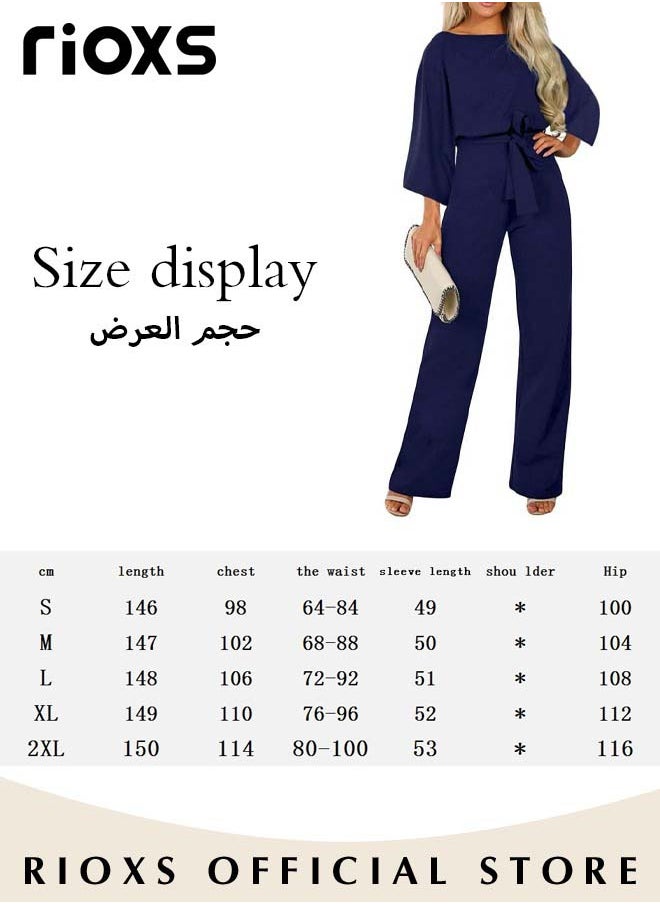 RIOXS Womens Casual Jumpsuit Outfit 3/4 Long Sleeve Top And Loose Straight Leg Long Pants Romper Set With Waist Belt For Party And Daily  - Image 3