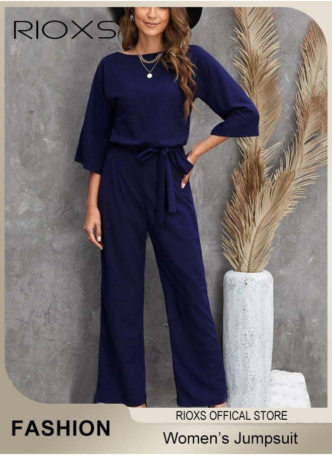 RIOXS Womens Casual Jumpsuit Outfit 3/4 Long Sleeve Top And Loose Straight Leg Long Pants Romper Set With Waist Belt For Party And Daily  - Image 5