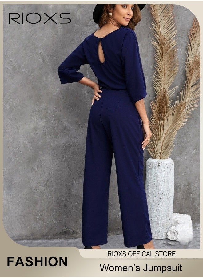 RIOXS Womens Casual Jumpsuit Outfit 3/4 Long Sleeve Top And Loose Straight Leg Long Pants Romper Set With Waist Belt For Party And Daily  - Image 2