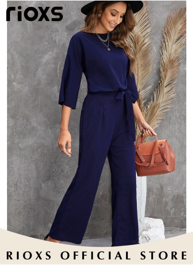 RIOXS Womens Casual Jumpsuit Outfit 3/4 Long Sleeve Top And Loose Straight Leg Long Pants Romper Set With Waist Belt For Party And Daily  - Image 4