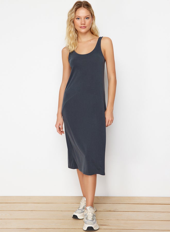 trendyol Anthracite More Sustainable Strap Pool Collar Modal Content Shift/Solid Midi Knitted Dress - Image 1