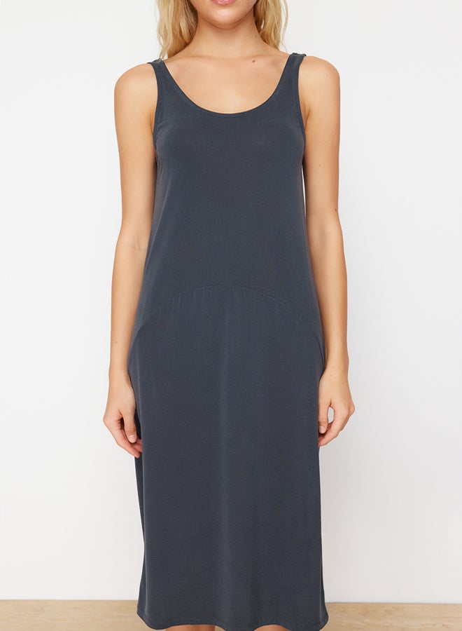 trendyol Anthracite More Sustainable Strap Pool Collar Modal Content Shift/Solid Midi Knitted Dress - Image 4