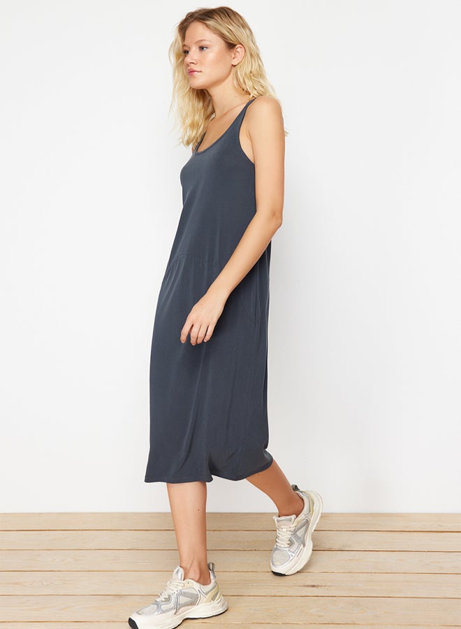 trendyol Anthracite More Sustainable Strap Pool Collar Modal Content Shift/Solid Midi Knitted Dress - Image 2