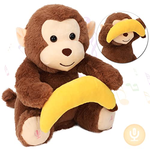 Hopearl Peek A Boo Monkey with Banana Interactive Repeats What You Say Plush Toy Musical Singing Talking Stuffed Animal Adorable Electric Animate Birthday Festival Brown 11 - Image 1
