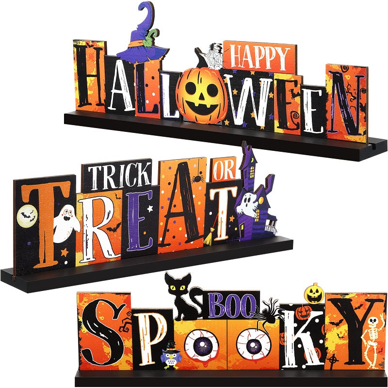 Marsui 3 Pieces Halloween Table Decorations Pumpkin Centerpiece Boo Spooky Wood Sign Trick or Treat Witch Hat Decor for Party Living Room Kitchen Office Bar - Image 2