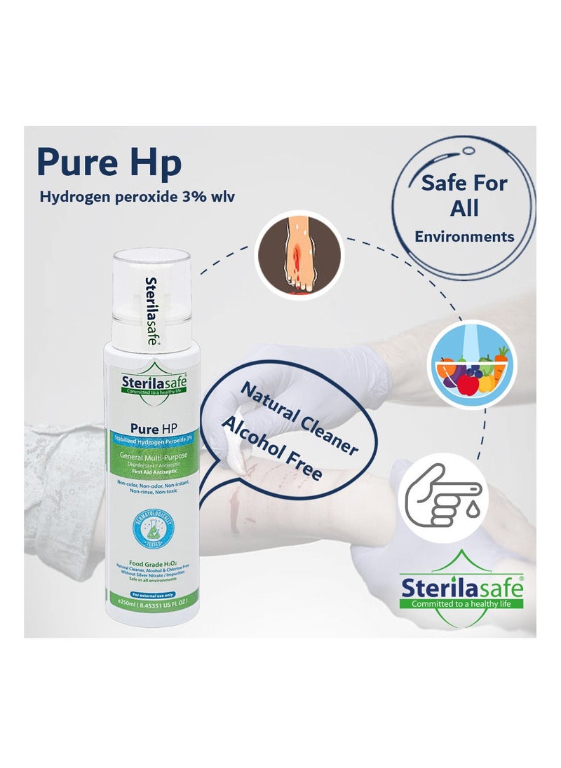 Sterilasafe - Sterilasafe Pure HP Food Grade, Hydrogen Peroxide 3%, H2O2, First Aid Antiseptic Spray, 250 ml - Image 1