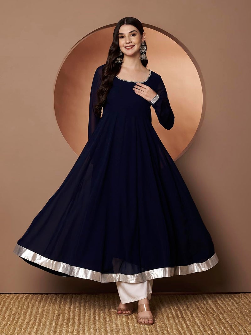KZA Women's Georgette Hand Embroidered Flared Anarkali Kurta Suit with Full Sleeves for Ethnic Wear Blue - Image 2