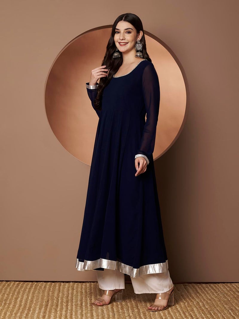 KZA Women's Georgette Hand Embroidered Flared Anarkali Kurta Suit with Full Sleeves for Ethnic Wear Blue - Image 3