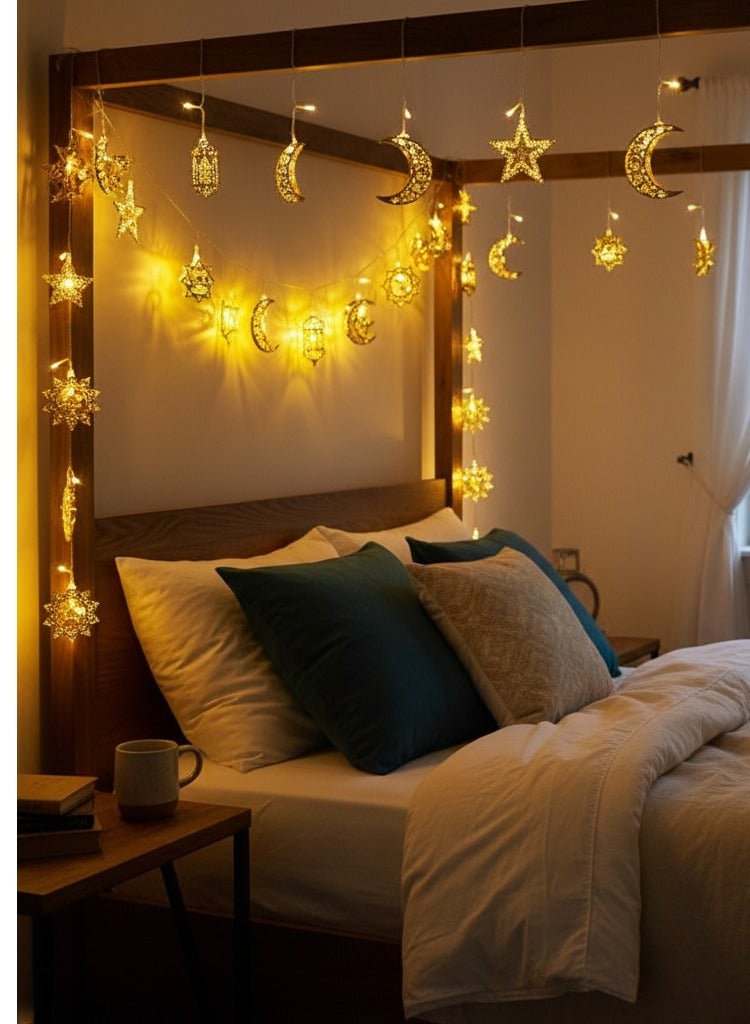 Healife Ramadan Eid Golden String Lights 3M 20LED Iron Hollow Moon Star Mosque Lantern Decor Battery Powered Steady & Flashing Mode Perfect for Home Party Ambiance - Image 1