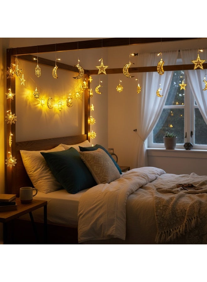 Healife Ramadan Eid Golden String Lights 3M 20LED Iron Hollow Moon Star Mosque Lantern Decor Battery Powered Steady & Flashing Mode Perfect for Home Party Ambiance - Image 4