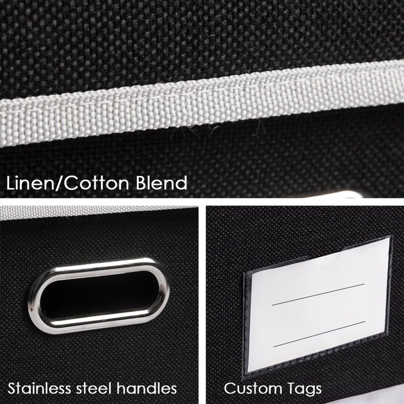 PRANDOM Storage Box with Lid, Foldable Linen Fabric Storage Boxes, Storage Basket with Handle, Decorative Stacking Boxes, Organiser Container, Black, Pack of 3, 29 x 22 x 17 cm - Image 4