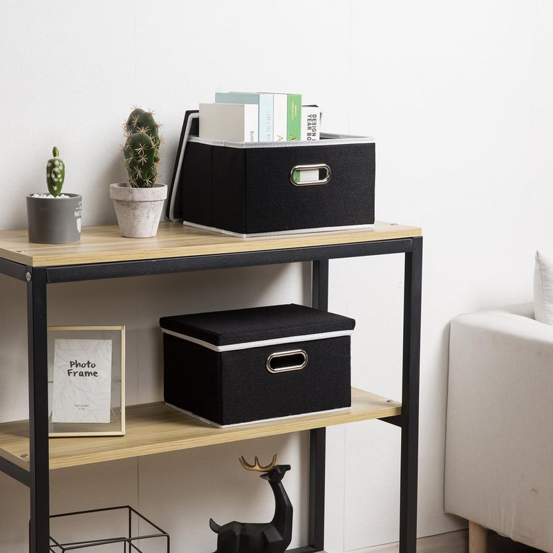 PRANDOM Storage Box with Lid, Foldable Linen Fabric Storage Boxes, Storage Basket with Handle, Decorative Stacking Boxes, Organiser Container, Black, Pack of 3, 29 x 22 x 17 cm - Image 2