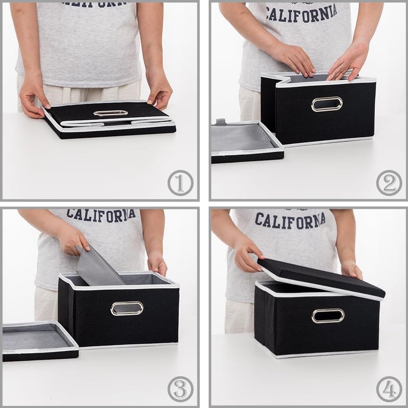 PRANDOM Storage Box with Lid, Foldable Linen Fabric Storage Boxes, Storage Basket with Handle, Decorative Stacking Boxes, Organiser Container, Black, Pack of 3, 29 x 22 x 17 cm - Image 5