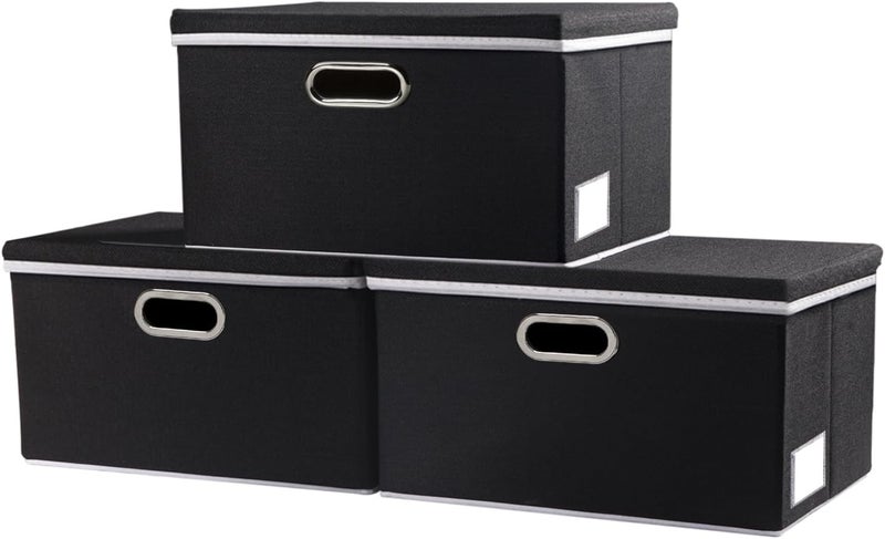 PRANDOM Storage Box with Lid, Foldable Linen Fabric Storage Boxes, Storage Basket with Handle, Decorative Stacking Boxes, Organiser Container, Black, Pack of 3, 29 x 22 x 17 cm - Image 1