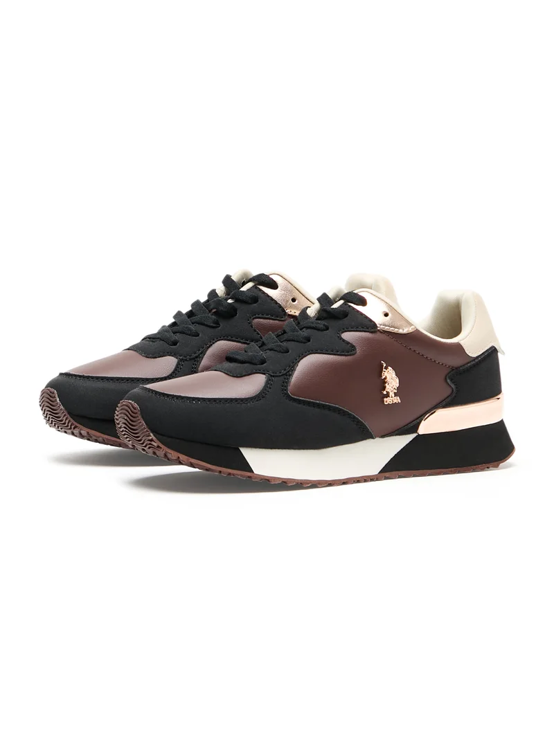 U.S. Polo Assn. Women's Retro-Inspired Sneakers - Black and Brown with Gold Accents, Stylish Casual Shoes with Textured Sole