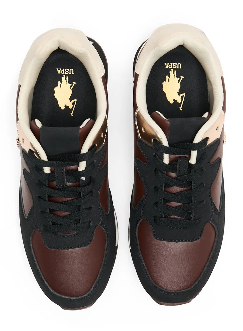 U.S. Polo Assn. Women's Retro-Inspired Sneakers - Black and Brown with Gold Accents, Stylish Casual Shoes with Textured Sole