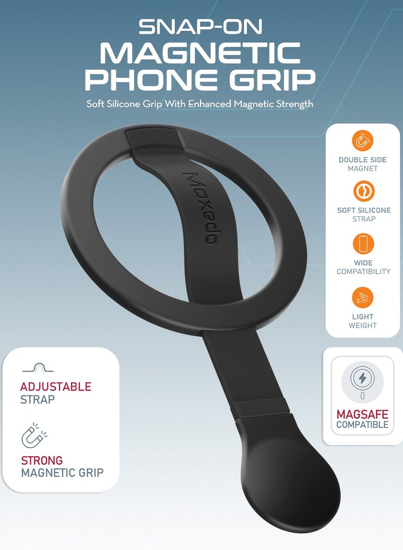 Moxedo Snap-On Magnetic Phone Grip Soft Silicone Grip Adjustable Strap with Double Sided Magnetic Design Compatible for iPhone 16 15 Pro Max Plus 14 13 12 and All Phones- Black - Image 2