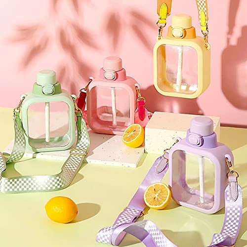 NUFR 24 Oz Square Transparent Water Bottle, Cute Portable Travel Canteen with Adjustable Strap 700ml (Pink) - Image 2