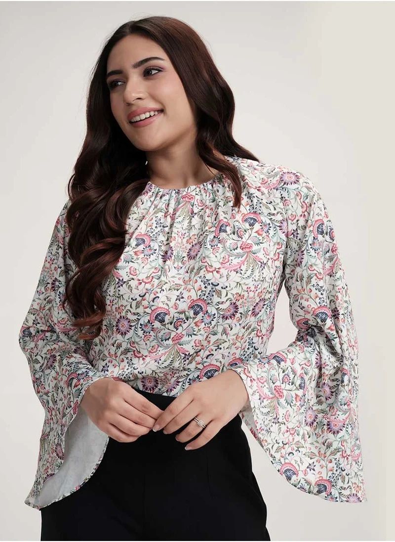 Zigzag Sleeve Flared Printed Top